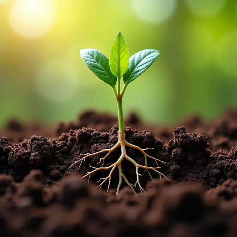 Raízes saudáveis emergindo do solo fértil.