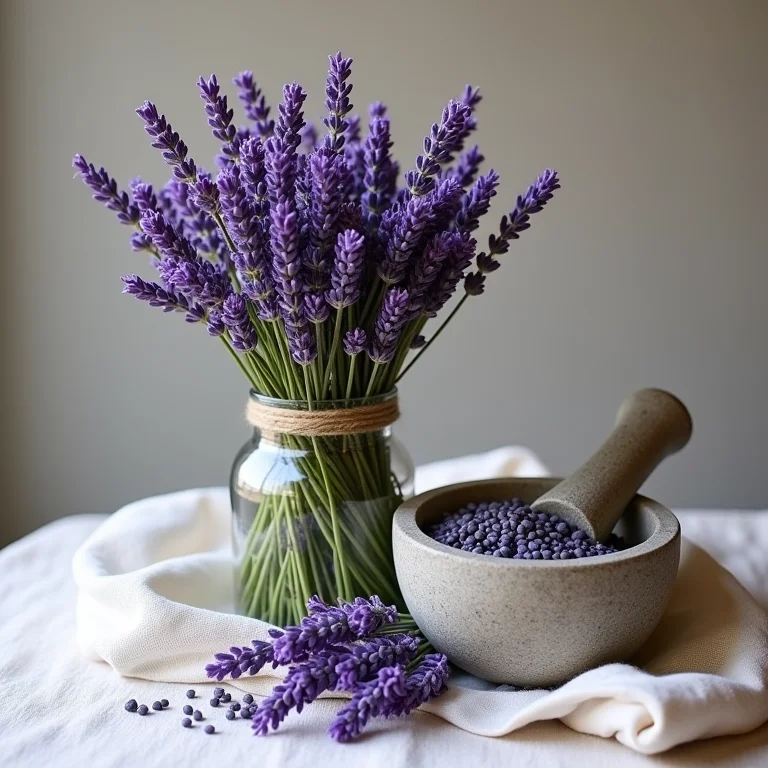 Ramos de lavanda frescos em pano de linho.