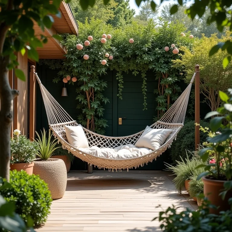 Rede como elemento de design em jardim, valorizando a estética do espaço exterior.