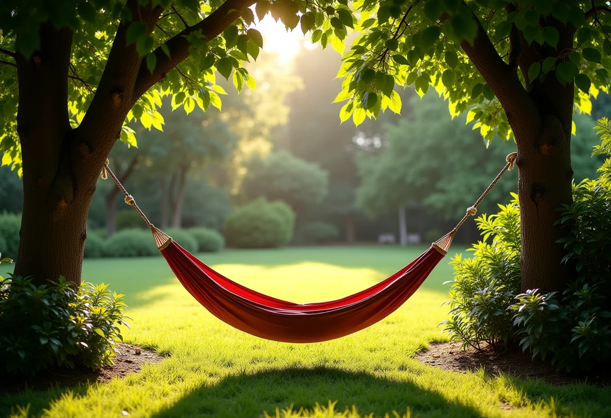 Rede suspensa em jardim ensolarado, criando um oásis de tranquilidade.