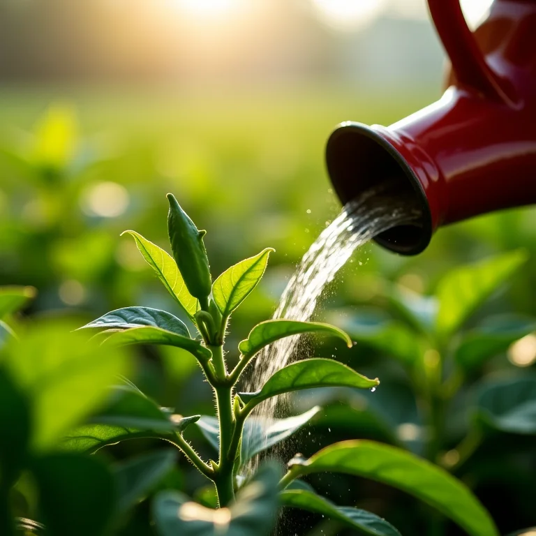 Regador aplicando solução de adubo diluído em pimenteiras.