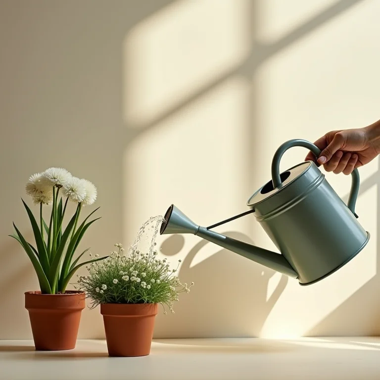 Regador molhando delicadamente cravinas em vasos