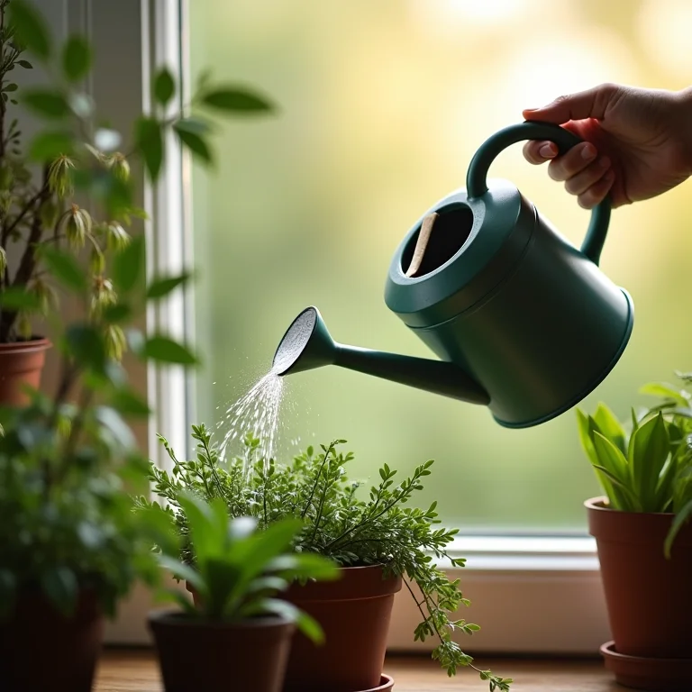 Regando as plantas em um jardim de inverno pequeno.