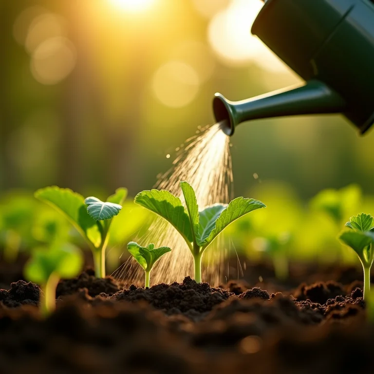 Regando mudas de beterraba em um jardim ensolarado.