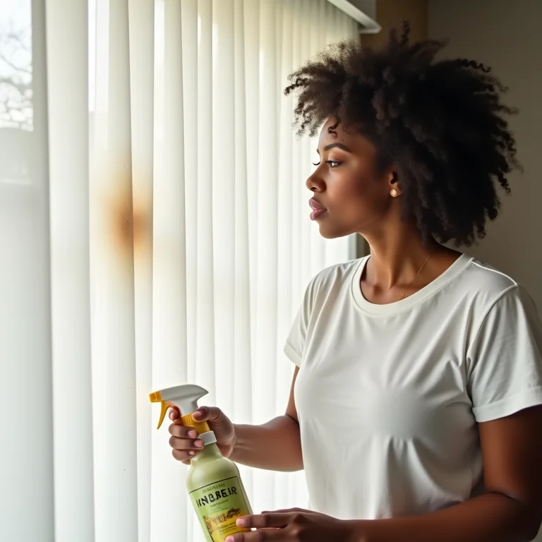 Removendo manchas difíceis da persiana com produto específico.
