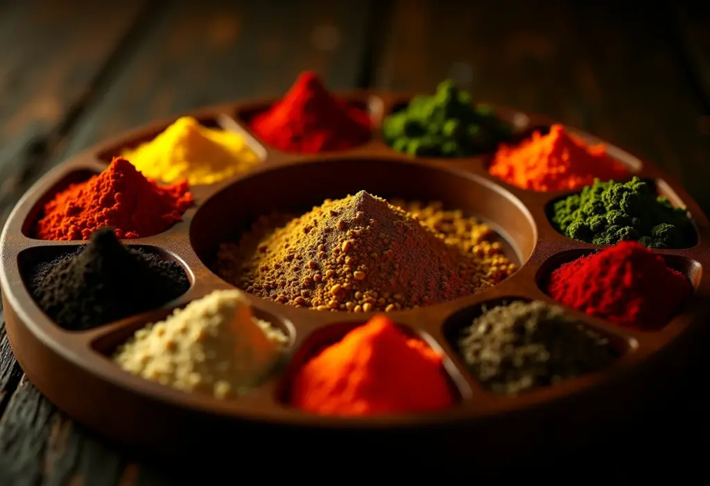 Roda de especiarias coloridas com iluminação aconchegante.