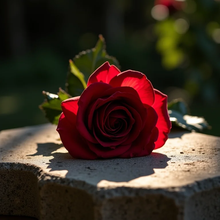 Rosa vermelha sobre altar de pedra.