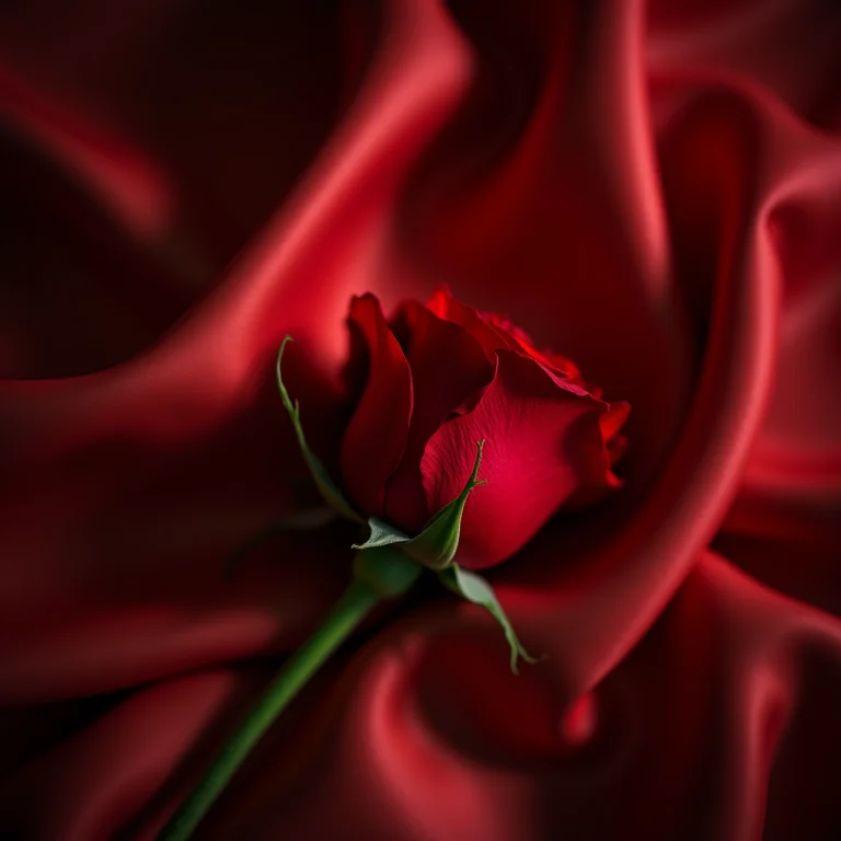 Rosa vermelha sobre seda, símbolo de amor e paixão