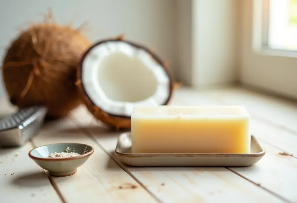 Sabão de coco caseiro em barra rústica com coco fresco e utensílios