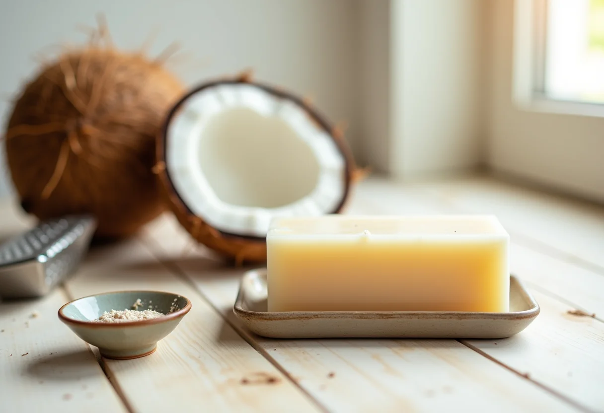 Sabão de coco caseiro em barra rústica com coco fresco e utensílios