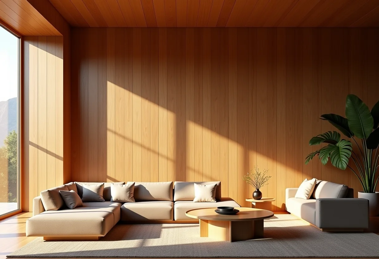 Sala de estar elegante com painéis de madeira Pau Marfim