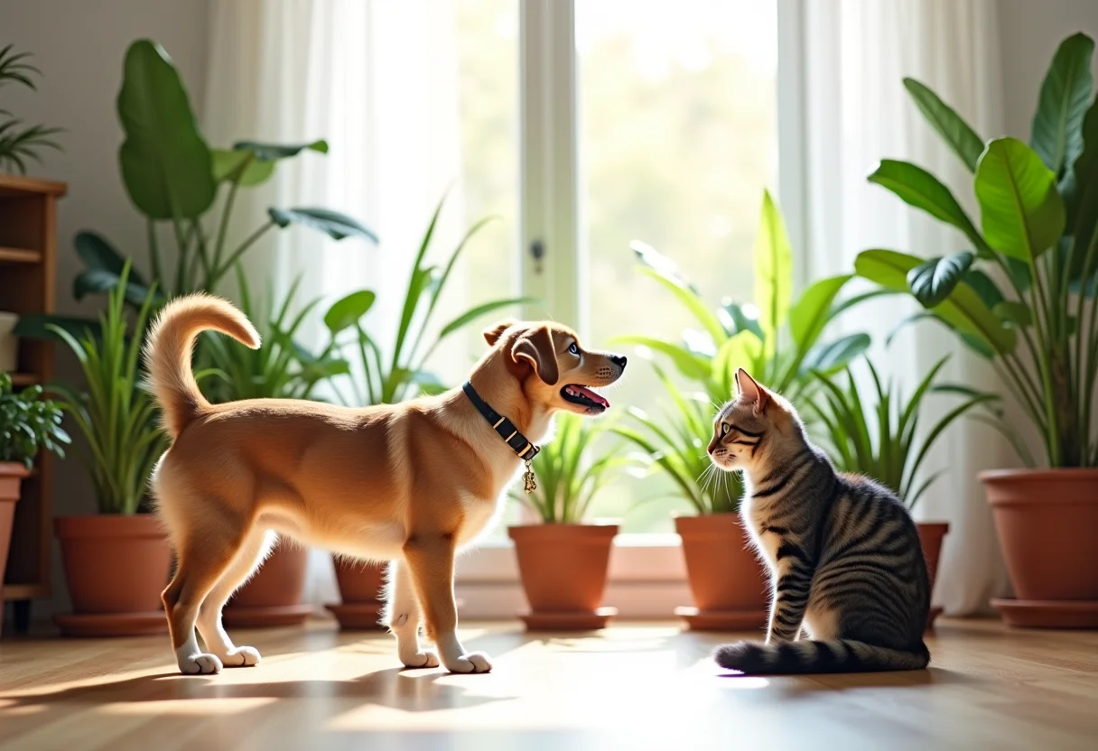Sala de estar iluminada com plantas exuberantes e animais de estimação curiosos.