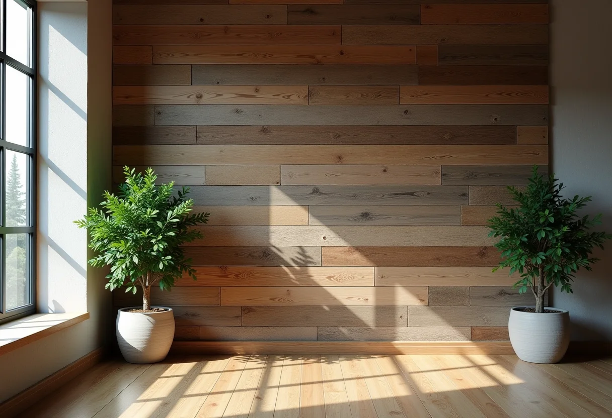 Sala rústica com parede de madeira de demolição e árvores