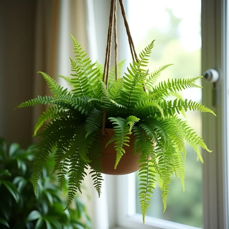 Samambaias exuberantes em cesto suspenso.
