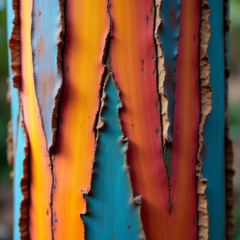 Seção da casca de um eucalipto arco-íris mostrando suas camadas.