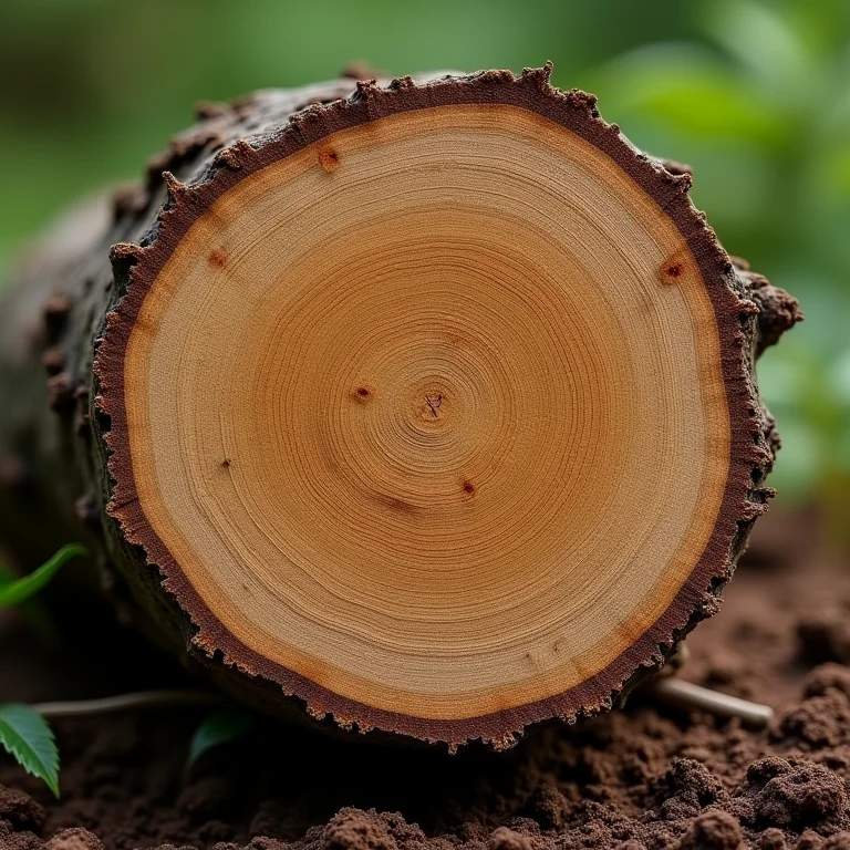 Seção transversal de um tronco de árvore mostrando os anéis de crescimento.