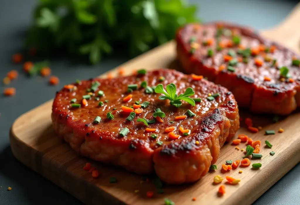 Seitan temperado com especiarias e ervas aromáticas.