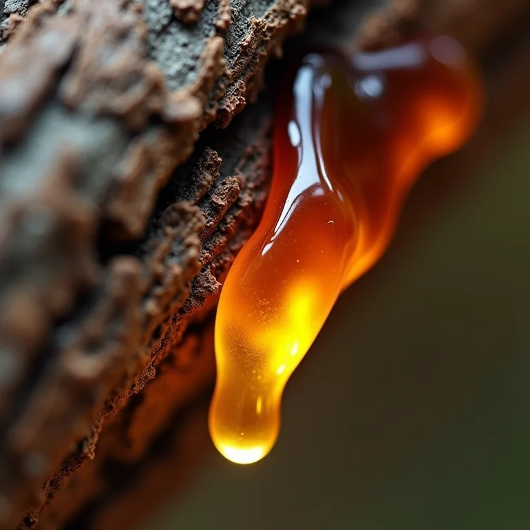 Seiva de árvore escorrendo de uma fenda na casca.