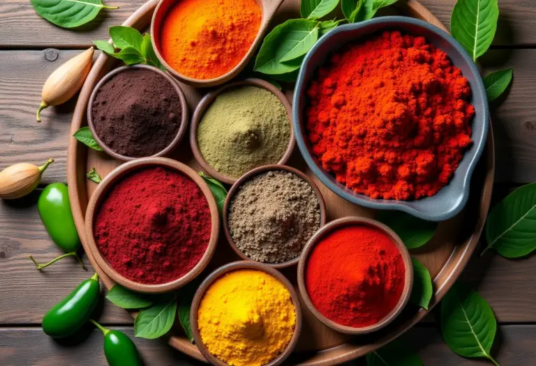 Seleção de especiarias diversas em uma mesa de madeira rústica.