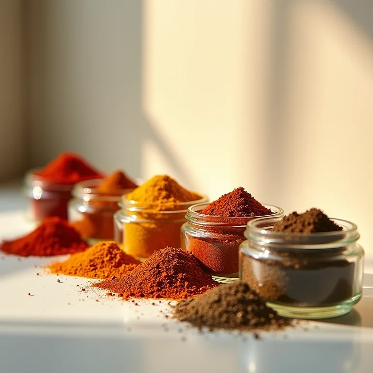 Seleção de especiarias em pó coloridas em potes de vidro.