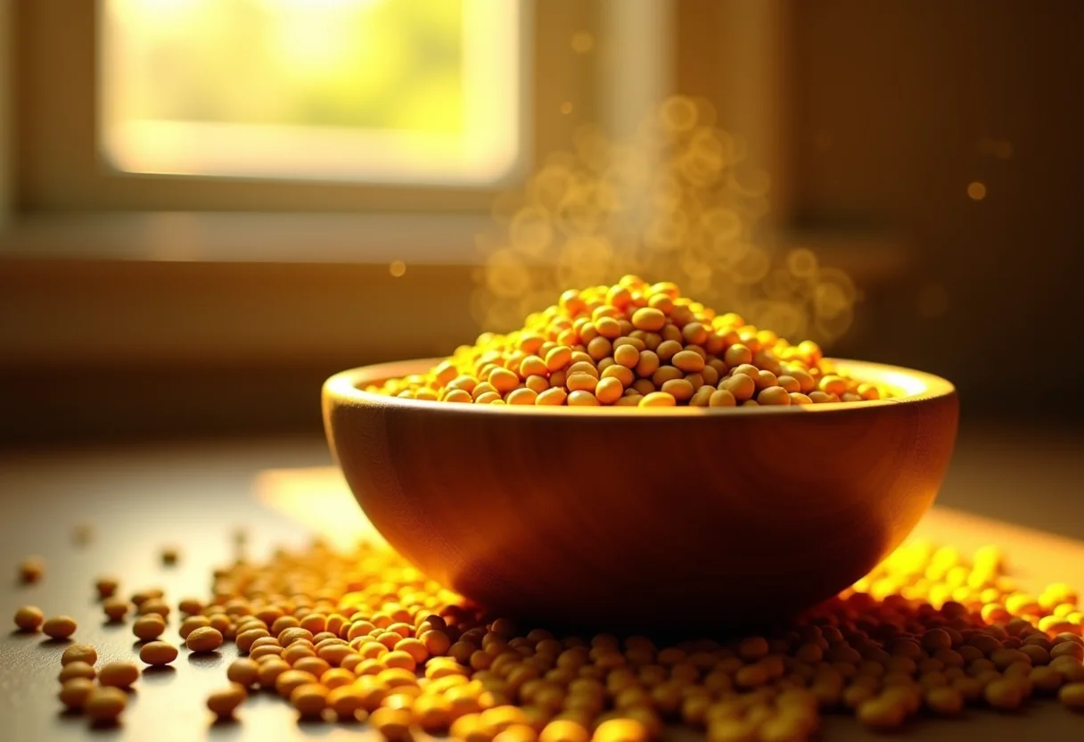 Sementes de mostarda derramando de uma tigela rústica