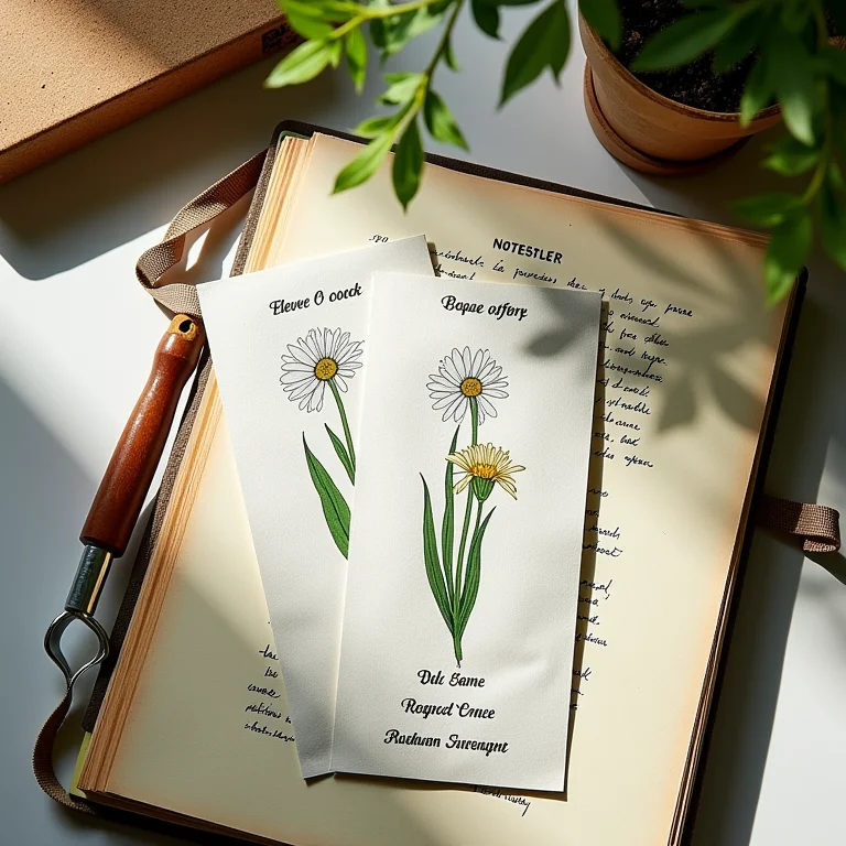 Sementes de onze horas, ferramentas de jardinagem e um bloco de notas.