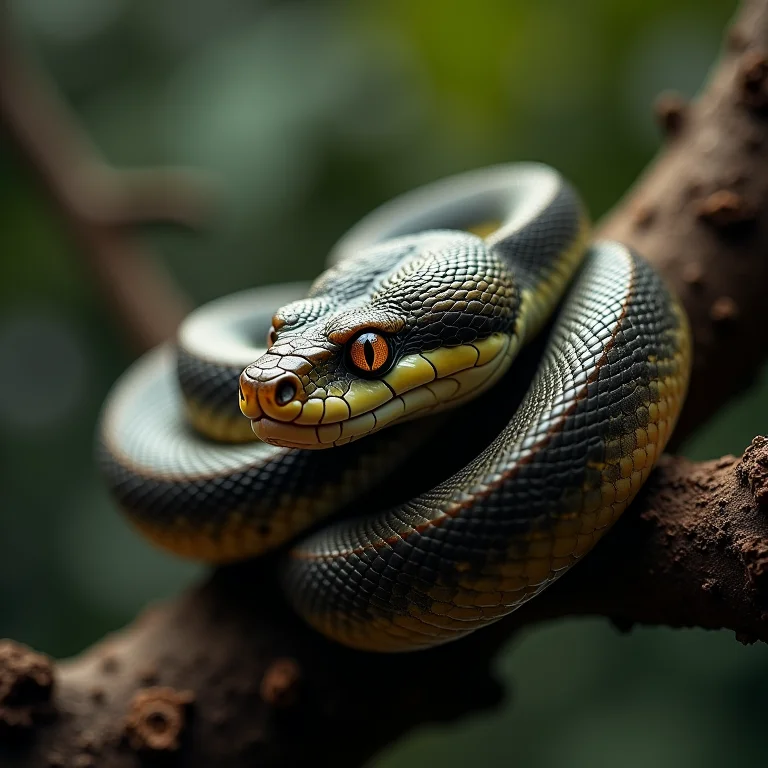 Serpente enrolada em galho, simbolizando astúcia e sabedoria oculta.