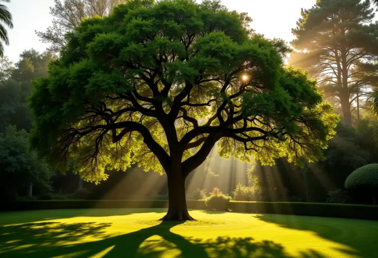 Sibipiruna em flor proporcionando sombra em jardim.