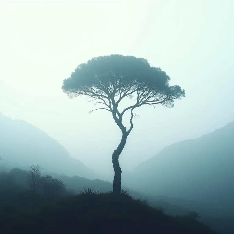 Silhueta marcante da Araucária em paisagem montanhosa.