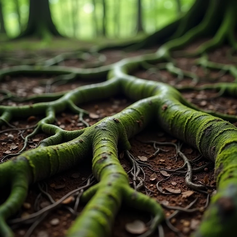 Sistema radicular intrincado conectado por redes de micélio.