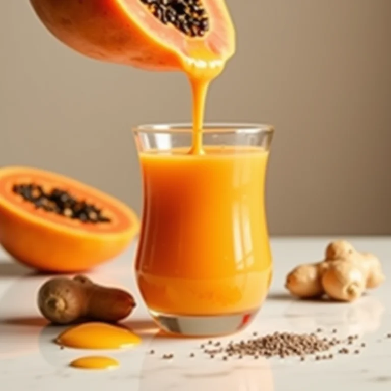 Smoothie de mamão sendo servido, com ingredientes ao redor.