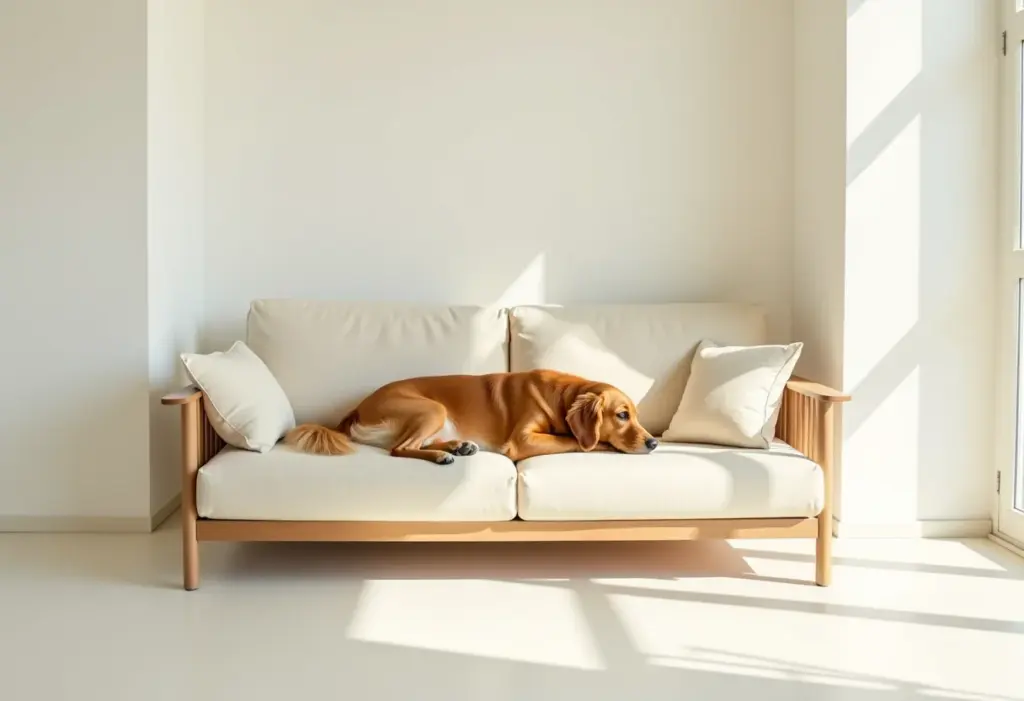 Sofá de linho claro com pequena mancha e cachorro dourado relaxando.