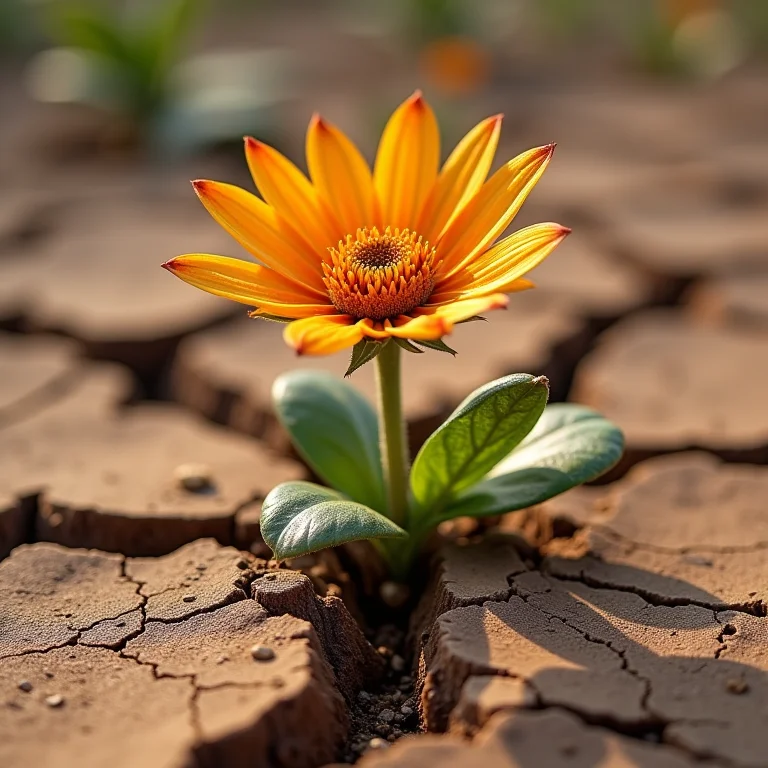 Solo rachado e seco com uma gazânia murcha