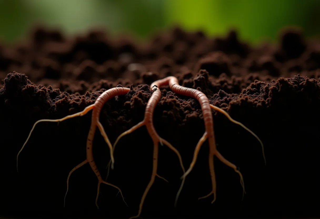 Solo saudável com raízes fortes e minhocas
