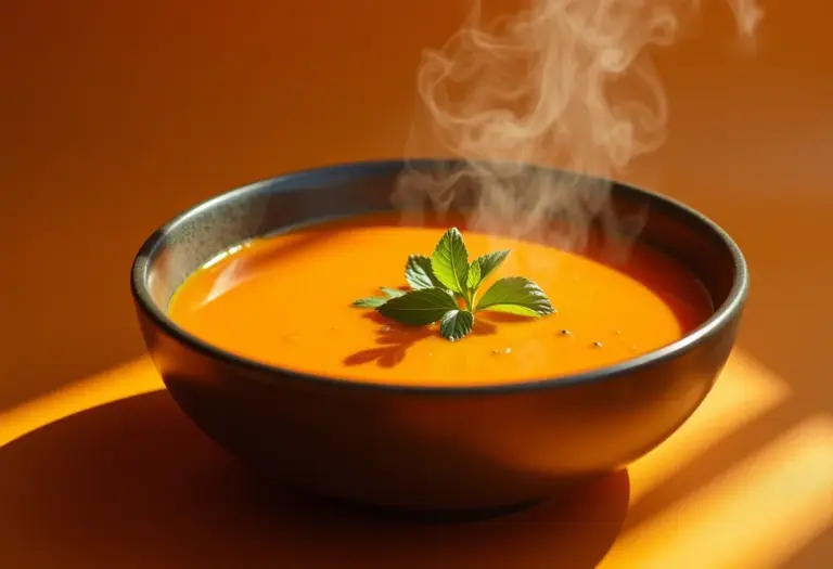 Sopa de abóbora cremosa com ervas frescas.