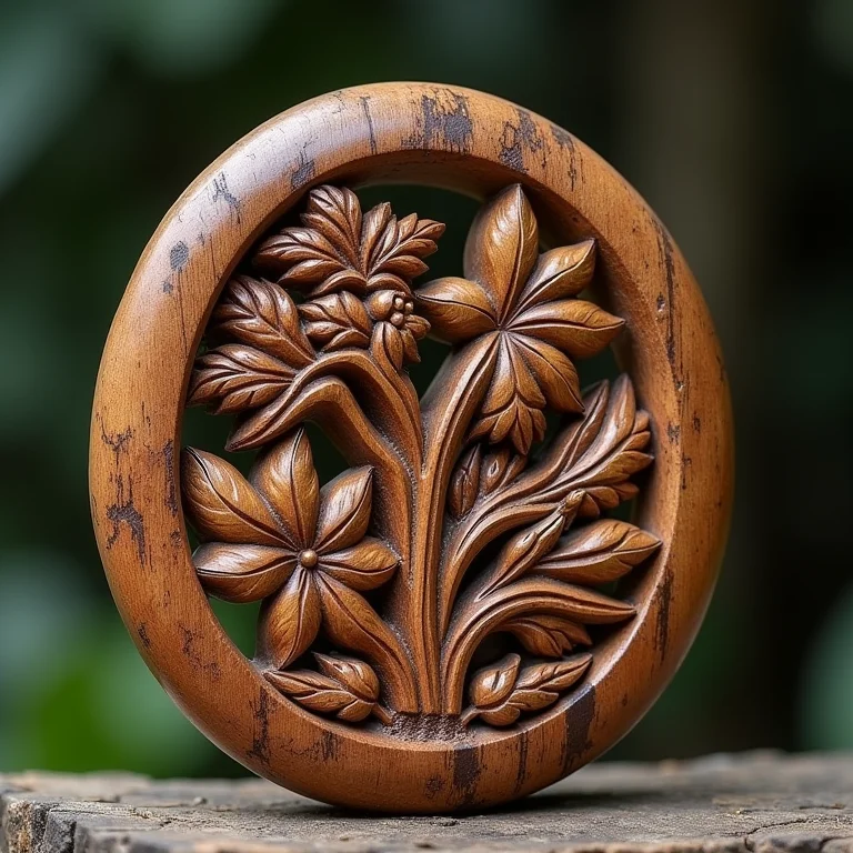 Talismã de madeira com simbologia da cultura cabocla do Contestado.