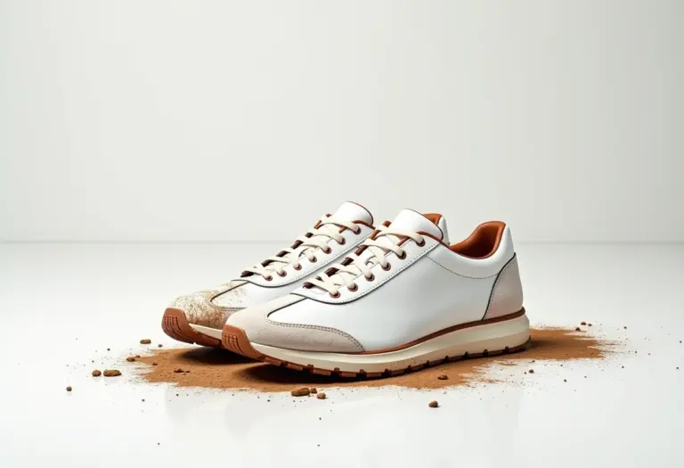 Tênis branco com respingos de lama, antes da limpeza