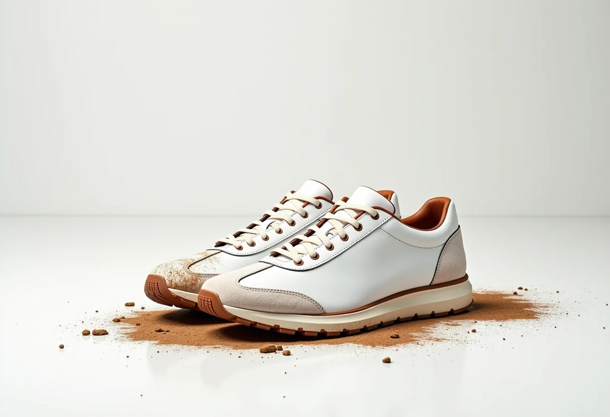 Tênis branco com respingos de lama, antes da limpeza