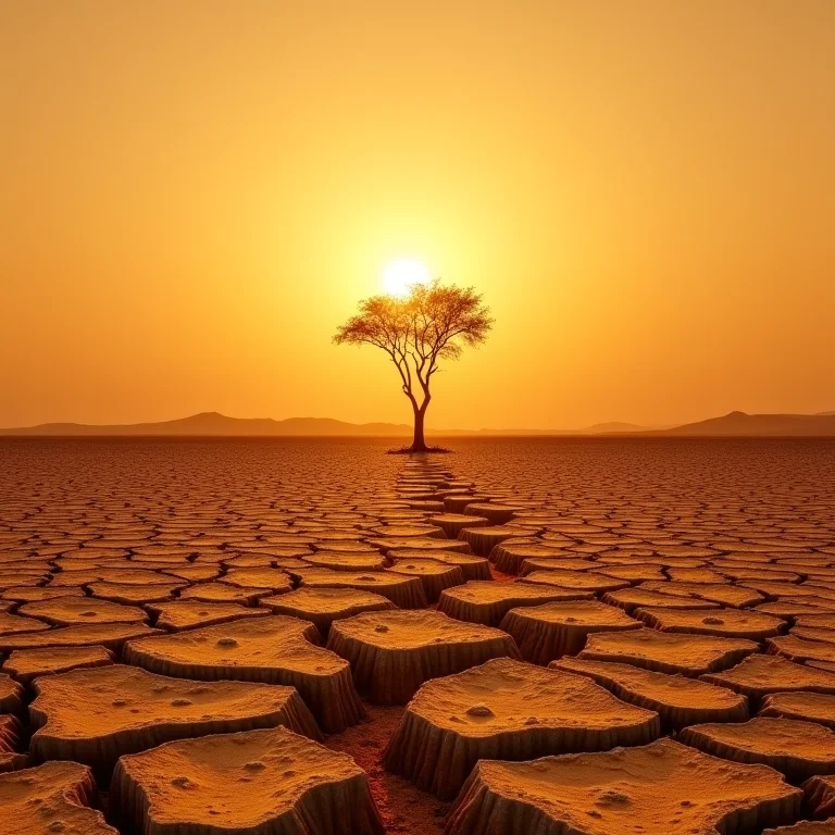 Terra rachada sob o sol escaldante, com Jacarandá morrendo