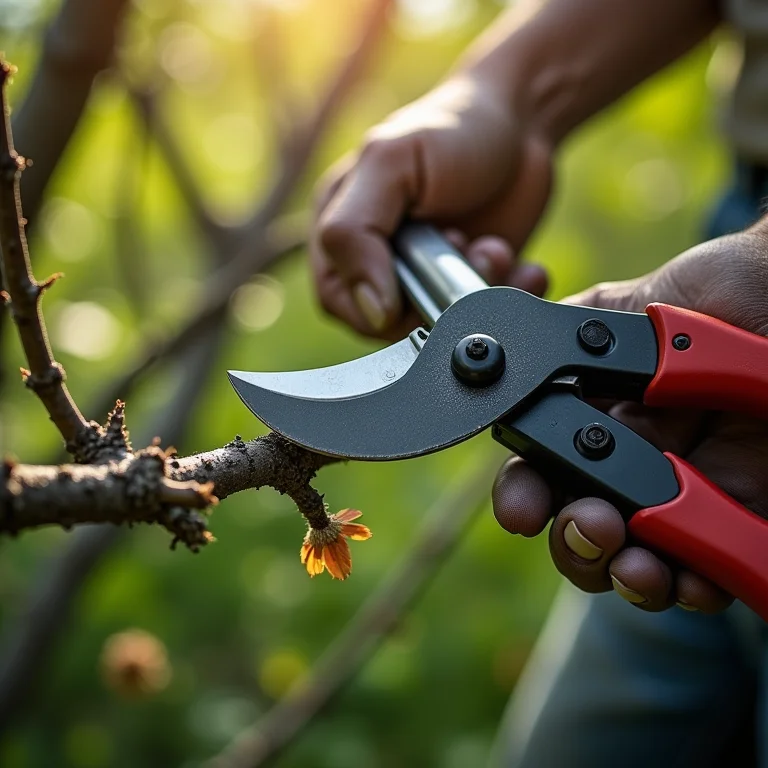 Tesoura de poda cortando galho de árvore corretamente