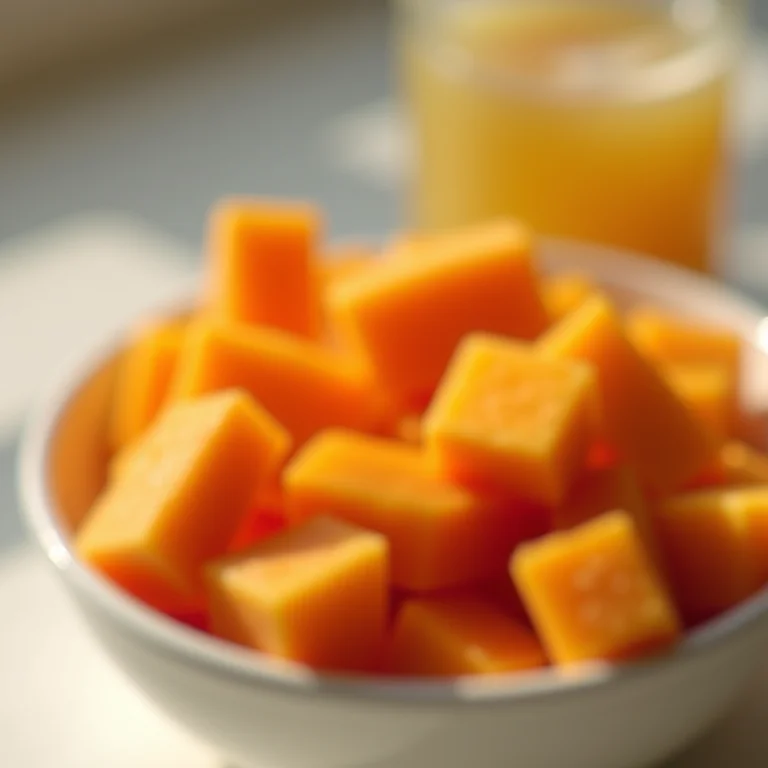 Tigela com pedaços de mamão e kombucha.