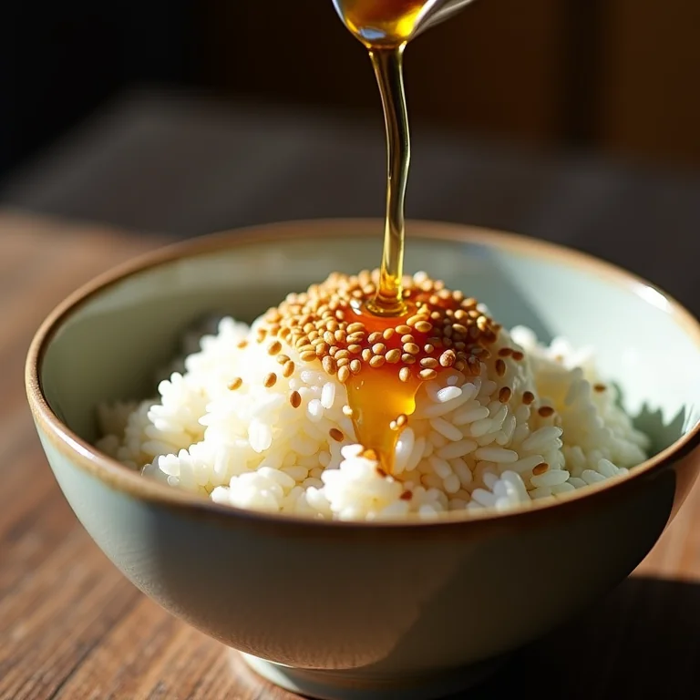 Tigela de arroz simples transformada com óleo de gergelim torrado.