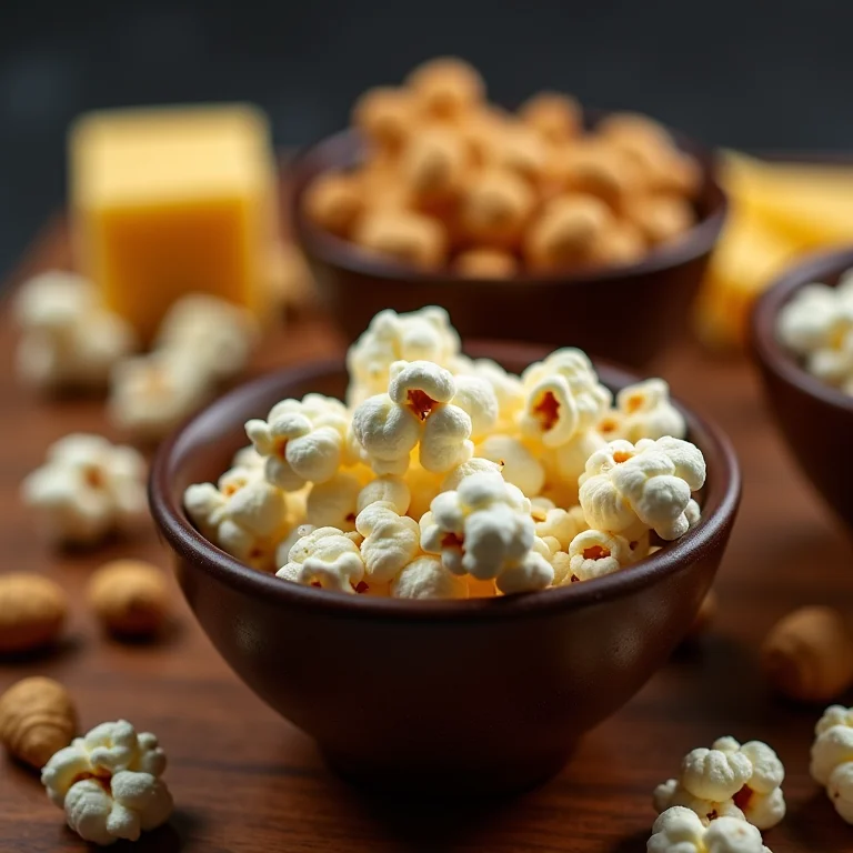Tigelas com pipoca, amendoim torrado e cubos de queijo sobre mesa de madeira
