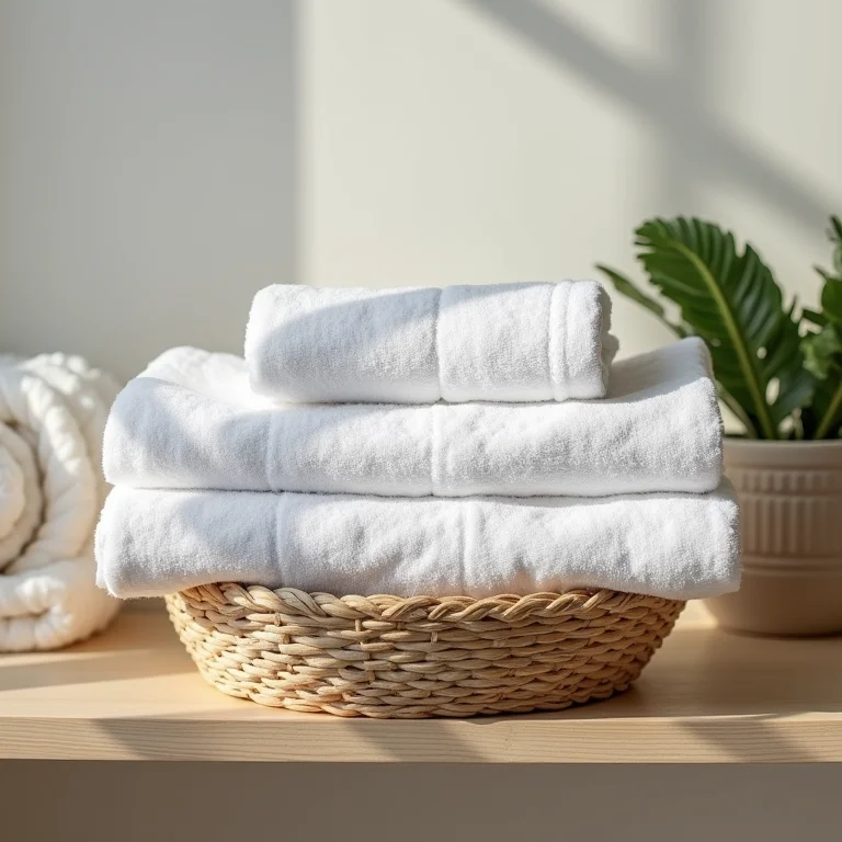 Toalhas dobradas e enroladas em um cesto em uma prateleira de banheiro.