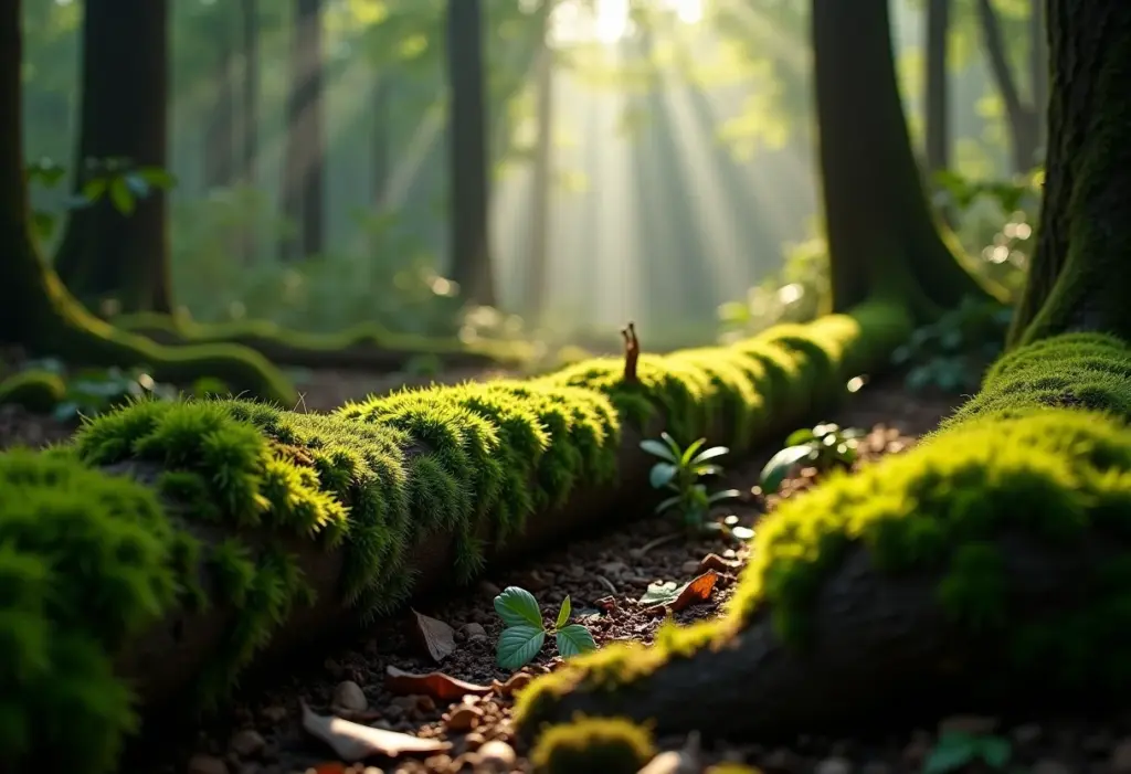 Troncos cobertos de musgo em um jardim exuberante