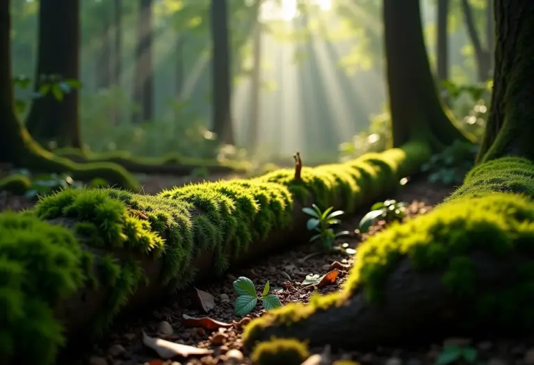 Troncos cobertos de musgo em um jardim exuberante