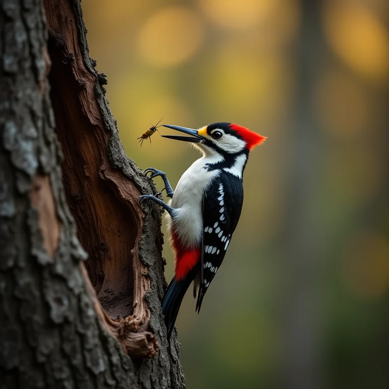 Um pica-pau empoleirado em um tronco de árvore em decomposição, procurando por insetos.