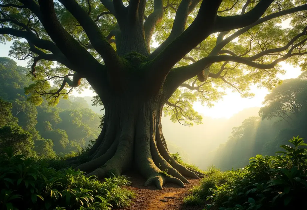 Uma árvore imponente em meio à exuberante Mata Atlântica, representando a conexão entre a natureza e a música brasileira.