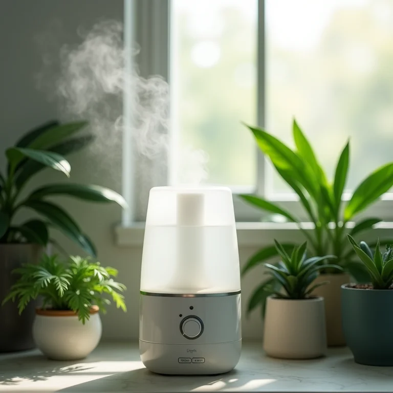 Umidificador criando ambiente úmido para plantas tropicais em lavabo