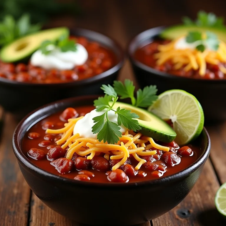 Variações de chilli com abacate e limão, queijo e creme azedo, e tiras de tortilha e cebolinha.